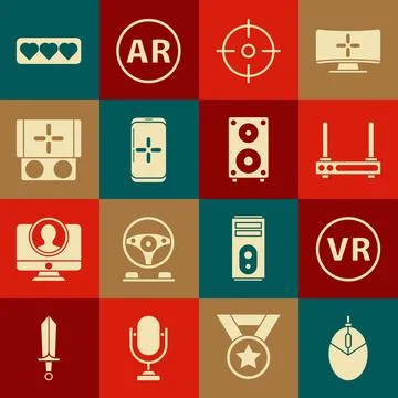 Set Computer mouse gaming, Virtual reality glasses, Router and wi-fi signal Stock Illustration