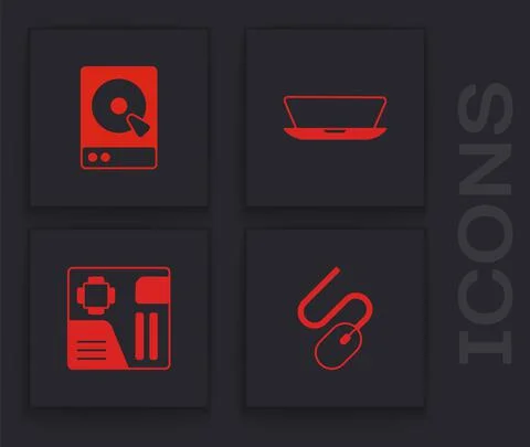 Set Computer mouse, Hard disk drive HDD, Laptop and Motherboard digital chip Stock Illustration