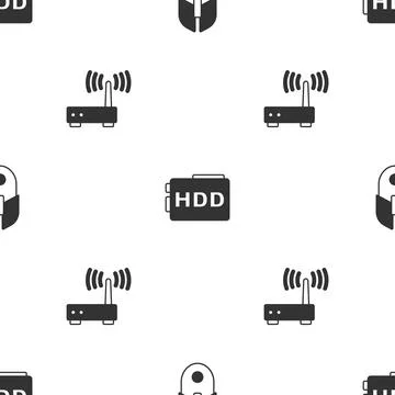 Set Computer mouse, Hard disk drive HDD and Router and wi-fi signal on seamless Stock Illustration