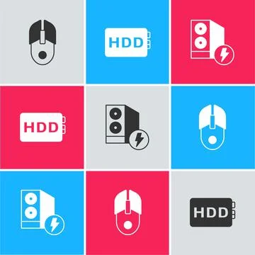 Set Computer mouse, Hard disk drive HDD and Case of computer icon. Vector Stock Illustration