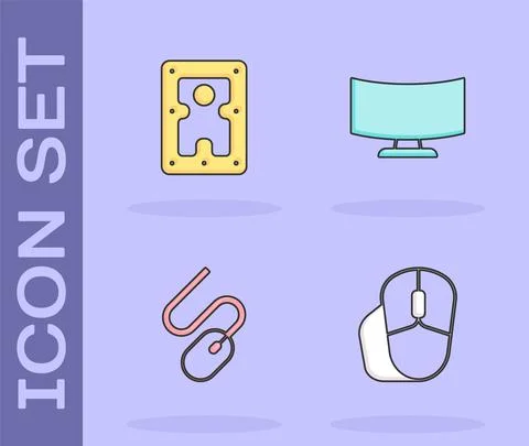Set Computer mouse, Hard disk drive HDD, and monitor screen icon. Vector 스톡 일러스트