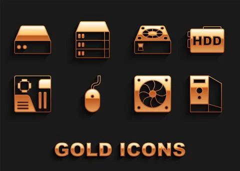 Set Computer mouse, Hard disk drive HDD, Case of computer, cooler, Motherboard Stock Illustration