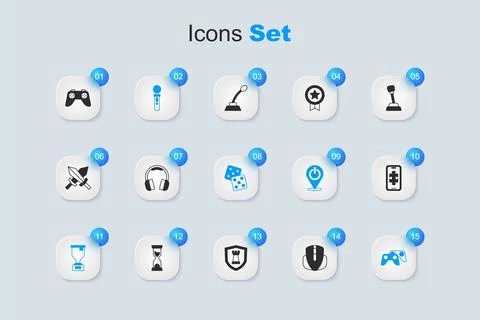 Set Computer mouse, Headphones, VR controller game, Award cup, Game or joys.. 스톡 일러스트