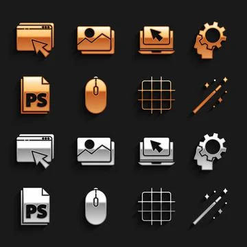 Set Computer mouse, Human head with gear inside, Magic wand, Grid graph paper Illustrazione stock