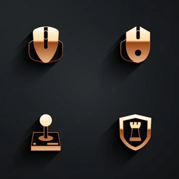 Set Computer mouse, Joystick for arcade machine and Chess shield icon with lo Stock Illustration