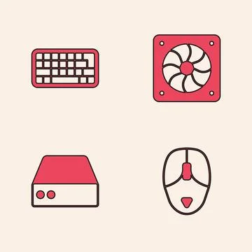 Set Computer mouse, Keyboard, cooler and Server, Data, Web Hosting icon. Vect Stock Illustration