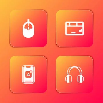 Set Computer mouse, Keyboard, Mobile Apps and Headphones icon. Vector Illustrazione stock