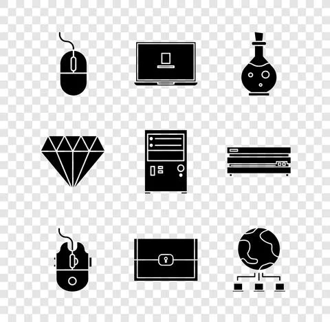 Set Computer mouse, Laptop, Bottle with magic elixir, gaming, Chest for game Stock Illustration