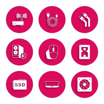 Set Computer mouse, Laptop, cooler, Hard disk drive HDD, SSD card, Case of 스톡 일러스트