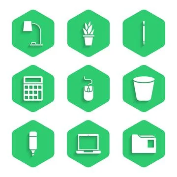 Set Computer mouse, Laptop, Document folder, Trash can, Marker pen, Calcula.. Stock Illustration