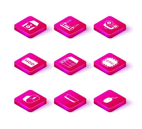 Set Computer mouse, Laptop, Hard disk drive HDD, Server, Data, Web Hosting Stock Illustration