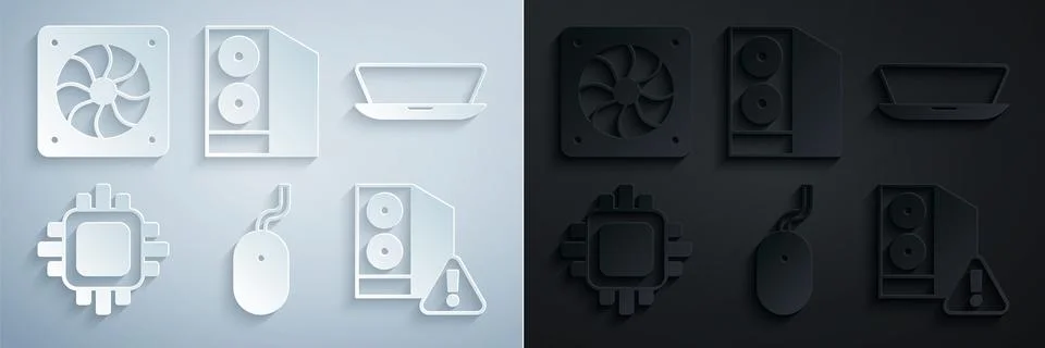 Set Computer mouse, Laptop, Processor with CPU, Case of computer, and cooler イラスト素材