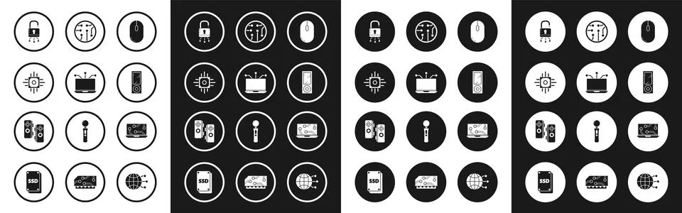 Set Computer mouse, Laptop, Processor, Lock on digital circuit board, Music.. イラスト素材