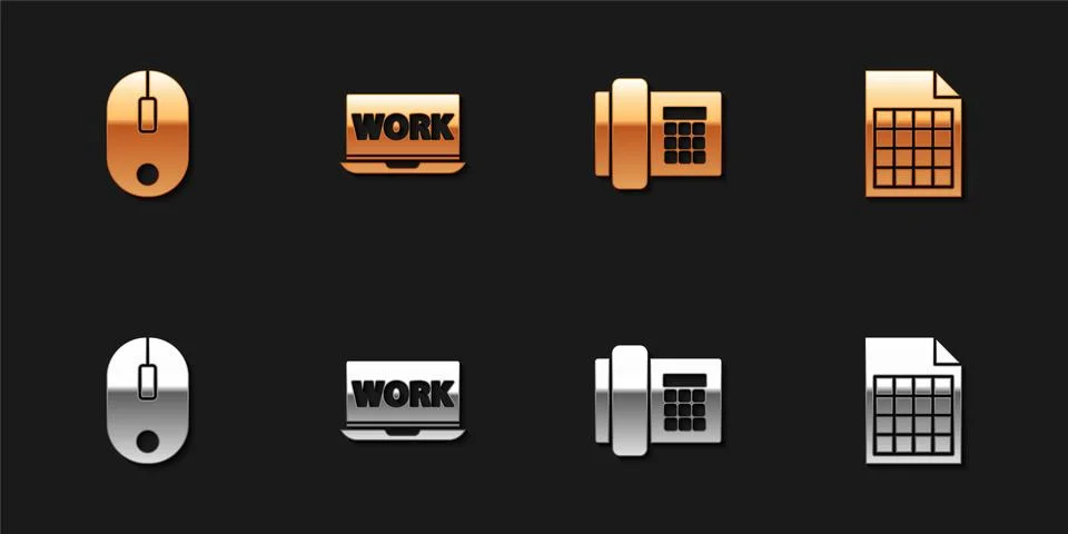 Set Computer mouse, Laptop with text work, Telephone and File document icon Stock Illustration