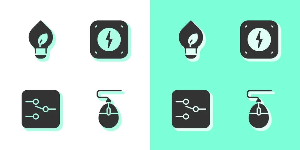 Set Computer mouse, Light bulb with leaf, Switch in electronic circuit and Illustrazione stock