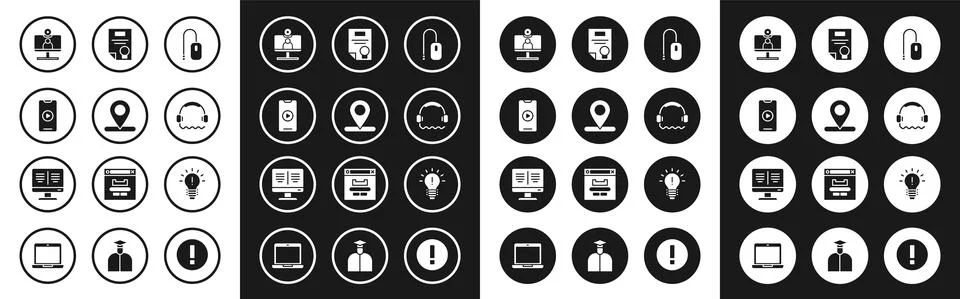 Set Computer mouse, Location, Online play video, Video chat conference Stock Illustration