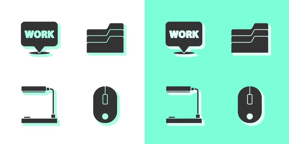 Set Computer mouse, Location with text work, Table lamp and Document folder icon Stock Illustration