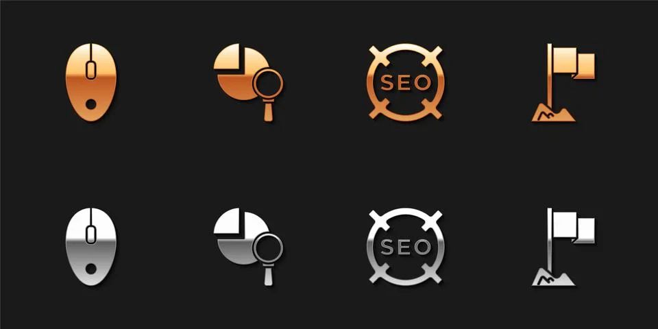 Set Computer mouse, Magnifying glass and analysis, SEO optimization and Location Illustrazione stock