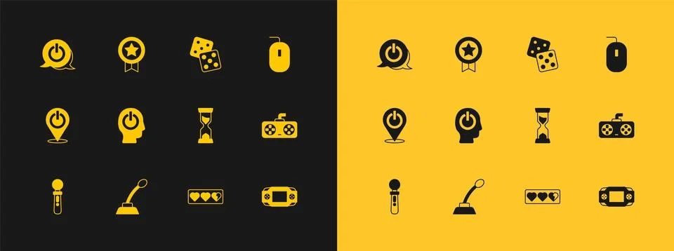 Set Computer mouse, Microphone, Old hourglass, Game life bar, Power button,.. Illustrazione stock