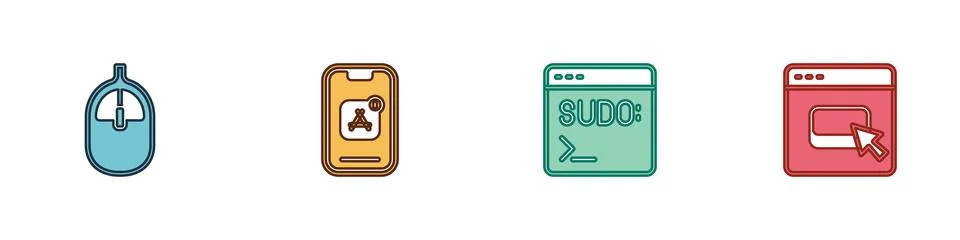Set Computer mouse, Mobile Apps, Code terminal and Browser files icon. Vector Stock Illustration