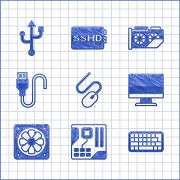 Set Computer mouse, Motherboard digital chip, Keyboard, monitor screen, coole Stock Illustration