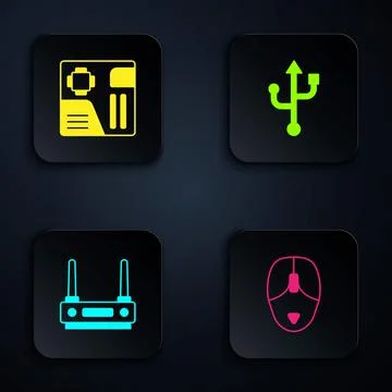 Set Computer mouse, Motherboard digital chip, Router and wi-fi signal and USB Stock Illustration