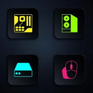Set Computer mouse, Motherboard digital chip, Server, Data, Web Hosting and Case Stock Illustration
