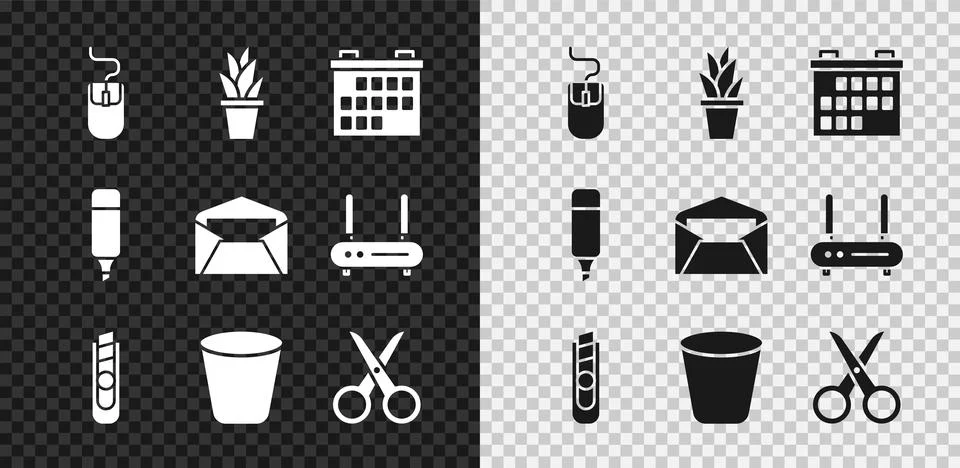 Set Computer mouse, Plant in pot, Calendar, Stationery knife, Trash can Stock-Illustration