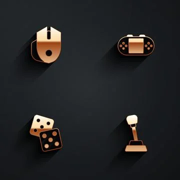 Set Computer mouse, Portable video game console, Game dice and Gear shifter icon Stock Illustration