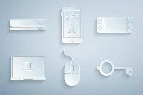 Set Computer mouse, Portable video game console, Laptop, Ancient key for, M.. Stock Illustration