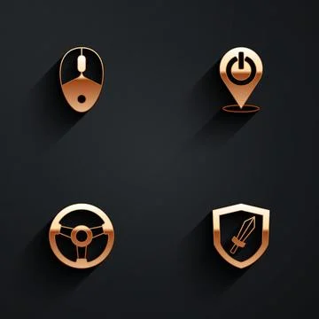 Set Computer mouse, Power button, Racing simulator and Sword for game icon with Stock-Illustration