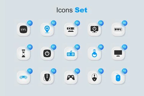 Set Computer mouse, Power button, Game controller or joystick, monitor, Lev.. 스톡 일러스트