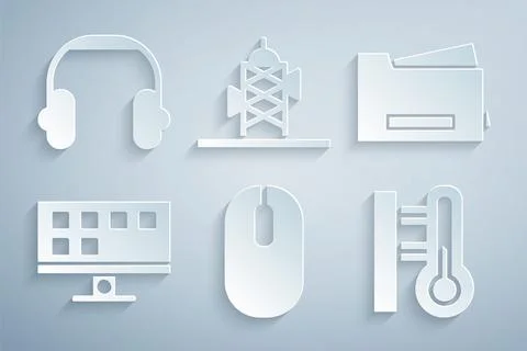 Set Computer mouse, Printer, Smart Tv, Meteorology thermometer, Antenna and Stock Illustration