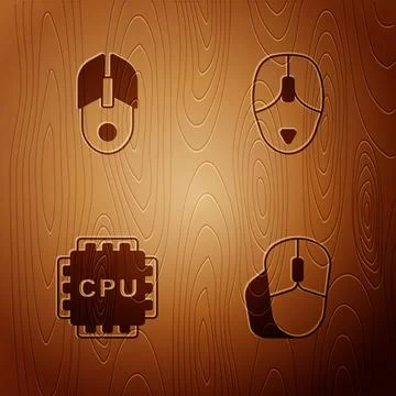 Set Computer mouse, , Processor with CPU and on wooden background. Vector 스톡 일러스트