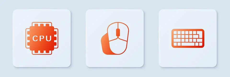 Set Computer mouse, Processor with CPU and Keyboard. White square button. V.. Illustrazione stock
