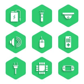 Set Computer mouse, Processor with microcircuits CPU, Portable video game Stockillustratie