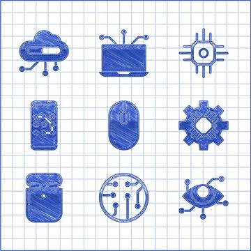 Set Computer mouse, Processor, Virtual reality, Air headphones in box, Mobile Stock Illustration
