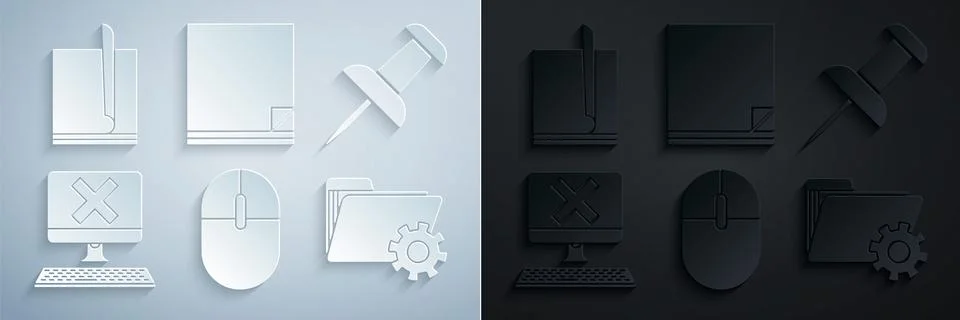Set Computer mouse, Push pin, with keyboard and x mark, Folder settings gea.. Stock Illustration