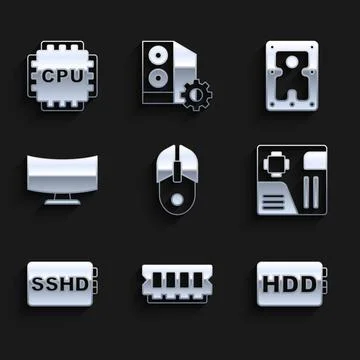 Set Computer mouse, RAM, random access memory, Hard disk drive HDD, Motherboard Illustrazione stock