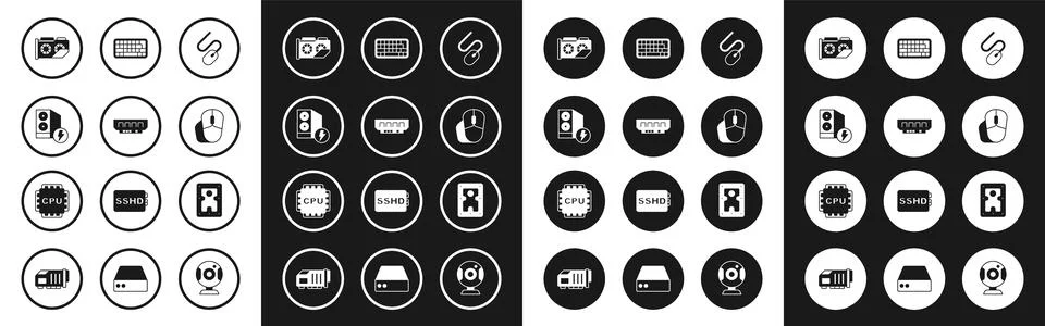 Set Computer mouse, RAM, random access memory, Case of computer, Video graphic Illustrazione stock