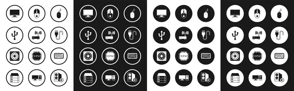 Set Computer mouse, Router and wi-fi signal, USB, monitor screen, cable cord Stock Illustration