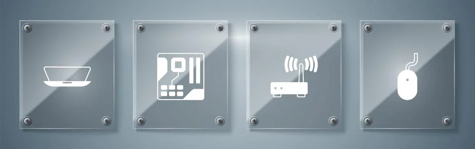 Set Computer mouse, Router and wi-fi signal, Motherboard digital chip and Laptop Stock Illustration