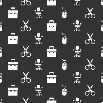 Set Computer mouse, Scissors, Briefcase and Office chair on seamless pattern Stock Illustration
