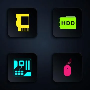 Set Computer mouse, SD card, Motherboard digital chip and Hard disk drive HDD 스톡 일러스트