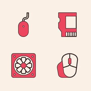 Set Computer mouse, , SD card and cooler icon. Vector 스톡 일러스트
