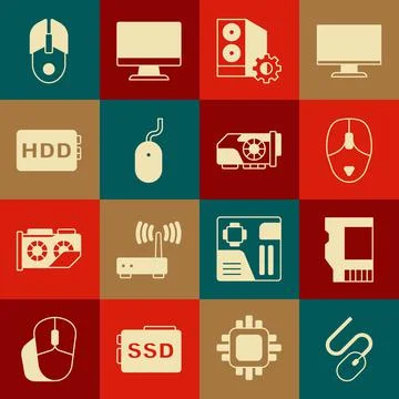 Set Computer mouse, SD card, Case of computer, Hard disk drive HDD, and Video Stock Illustration