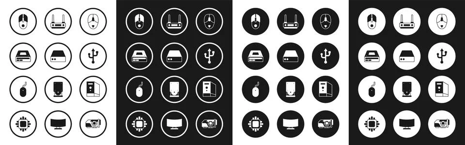 Set Computer mouse, Server, Data, Web Hosting, Optical disc drive, USB, Router Stock Illustration