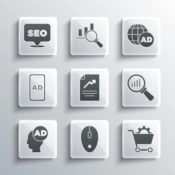 Set Computer mouse, Shopping cart, Magnifying glass and analysis, Document with Illustrazione stock