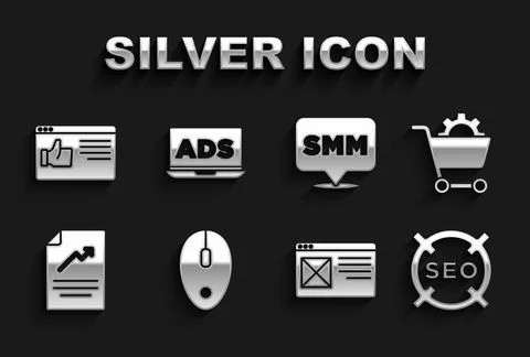 Set Computer mouse, Shopping cart, SEO optimization, Browser window, Document Stock Illustration