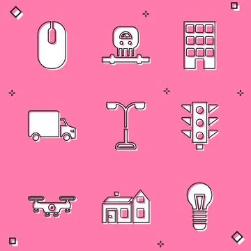 Set Computer mouse, Smart sensor, House, Delivery cargo truck, Street light Stock Illustration